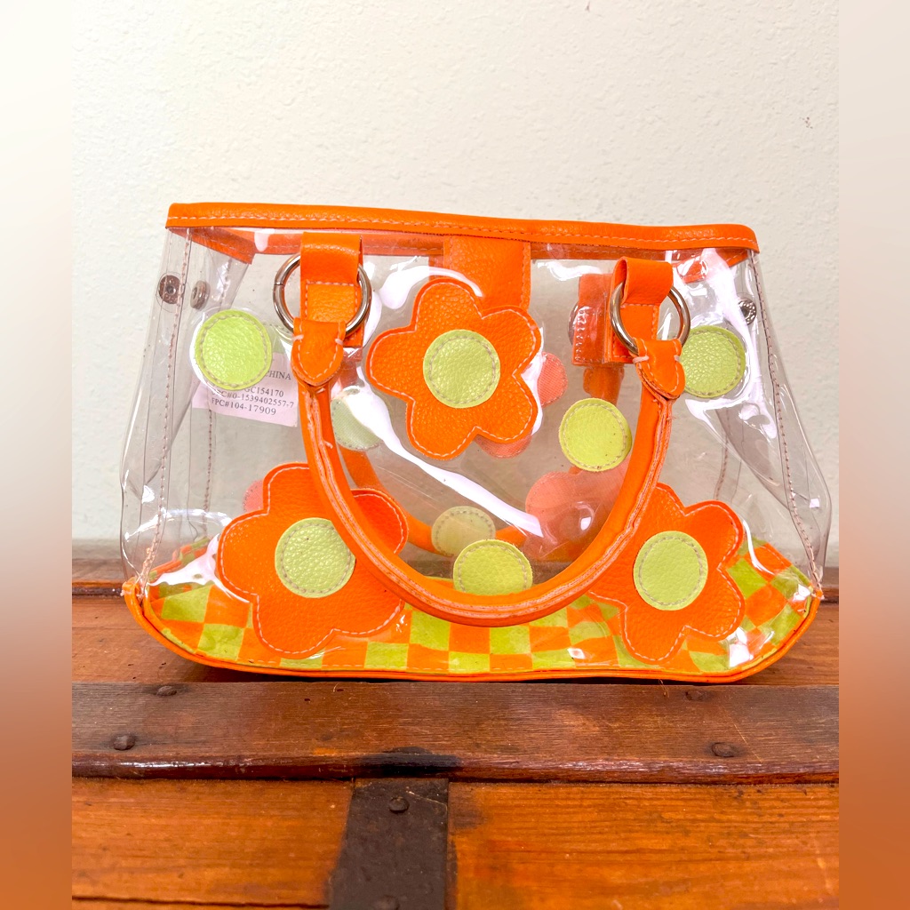 Adorable Small Clear 100% Pvc With Orange And Green Flowers Tote Hand Bag Purse